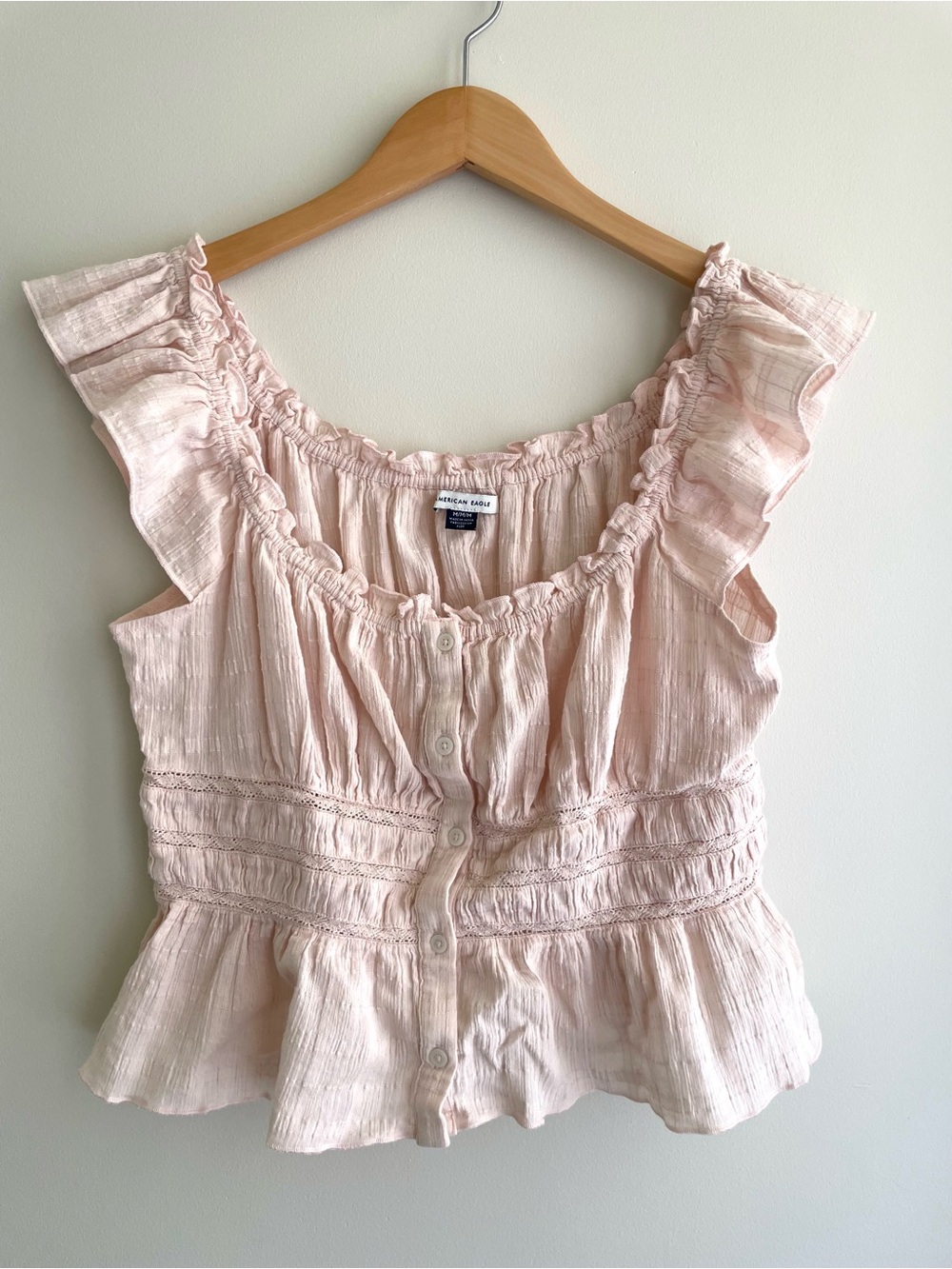 American Eagle Outfitters Coquette Light Pink Ruffle Cotton Button-Front Top